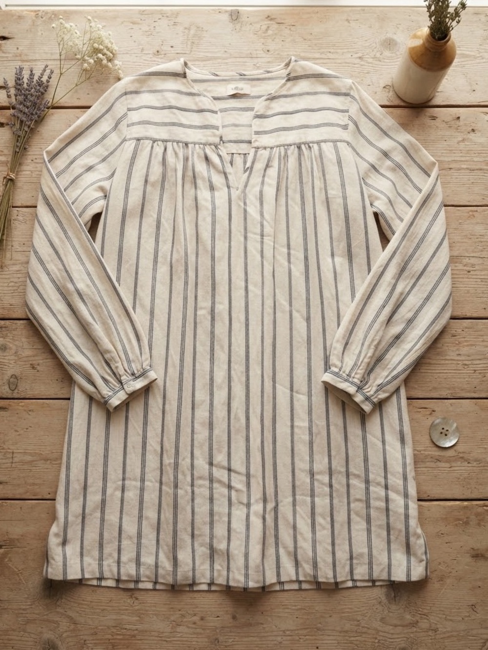 Aritzia Wilfred Striped Linen Kaftan Mini Dress Tunic Size M Long Sleeve